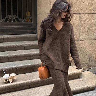 Ensemble pull style paresseux pour femme automne et hiver, jupe, pull col en V, pull tricoté, haut, demi-jupe, ensemble deux pièces