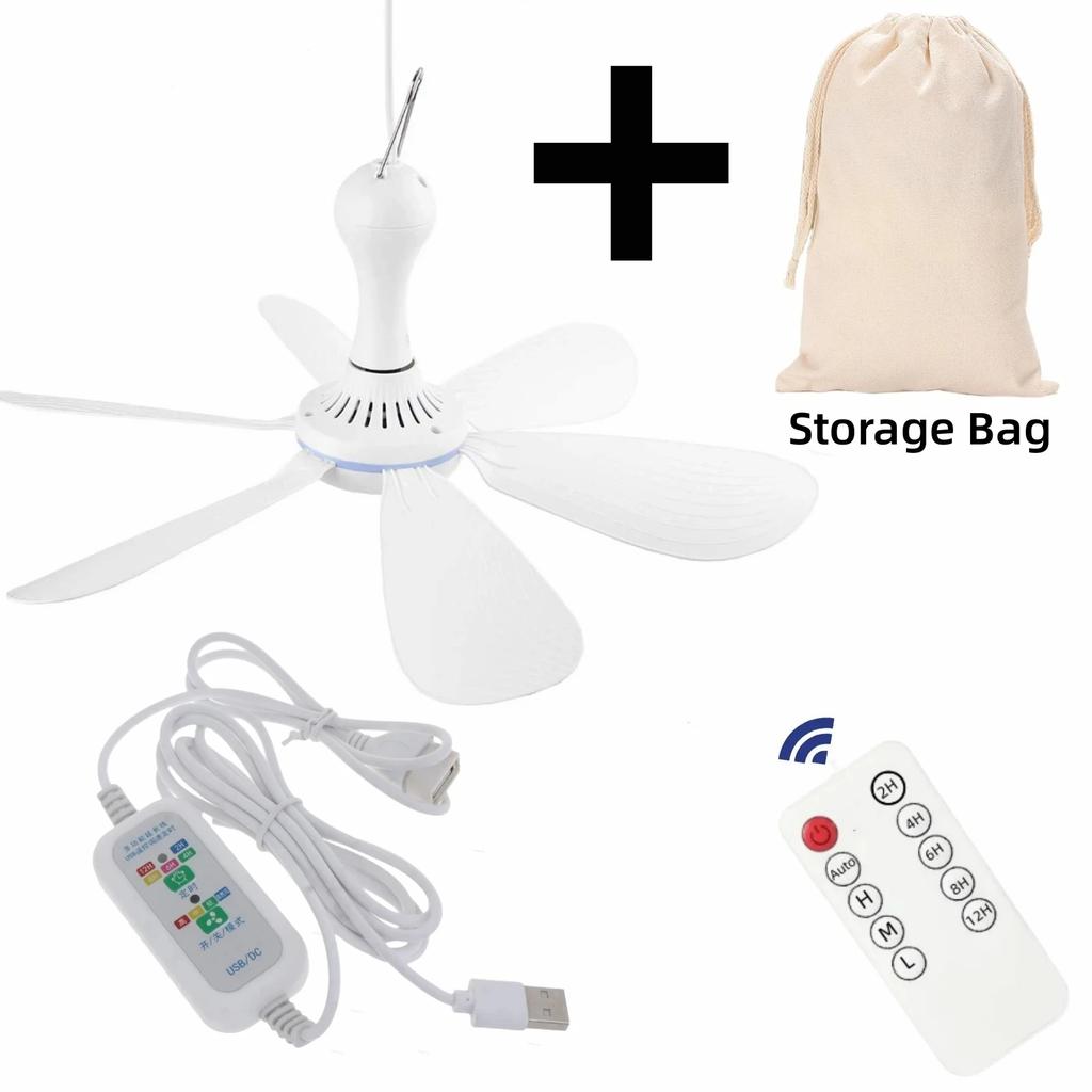 Ventilador de Techo Silencioso con 6 Aspas, Alimentado por USB, con Mando a Distancia, Temporizador, 4 Velocidades, Ventilador Colgante para Camping, Cama, Dormitorio, Tienda de Campaña, Nuevo