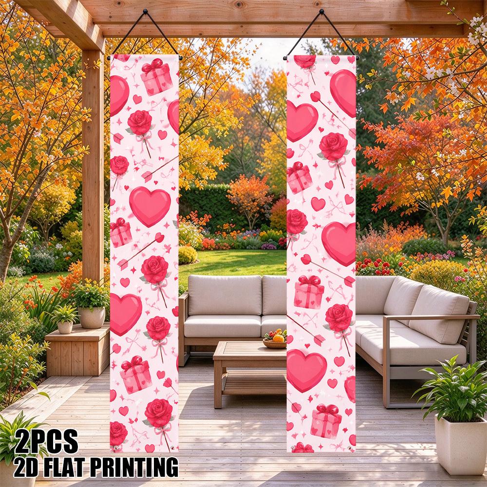 2D Flat, 2D Flat - 2D Flat, 2D Flat - 2D Flat Printing 2pcs Valentine Roses Hearts Porch Banners, Sign Front Door Hanging Decor Couplets Banner for Ho