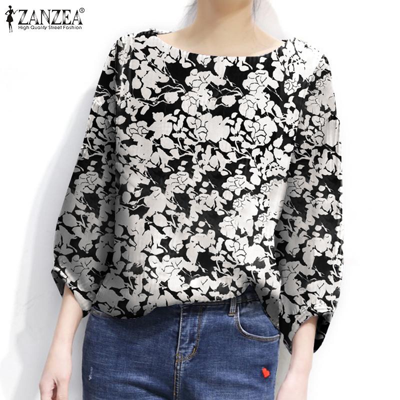 

ZANZEA Летняя повседневная блузка с круглым вырезом и рукавами 3/4 с цветочным принтом