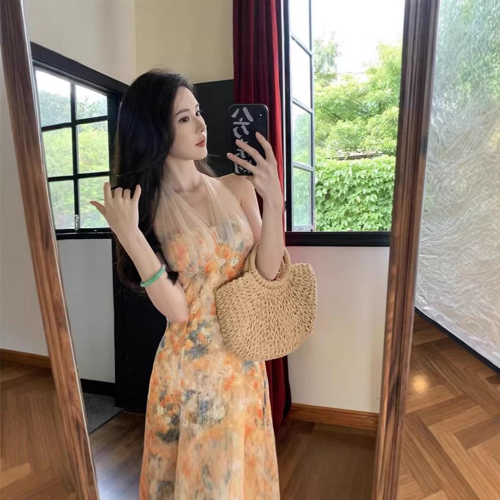 French oil painting printing halter neck dress women's summer slim first love long dress gentle waist a word skirt
