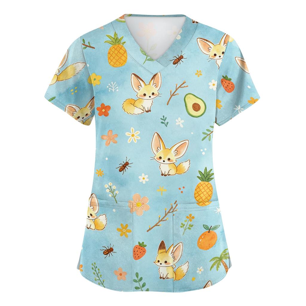 Women's V Neck Short Sleeve Work Top with Pockets Animal Print Medical Scrub Shirt for Healthcare Professionals Comfortable Fit