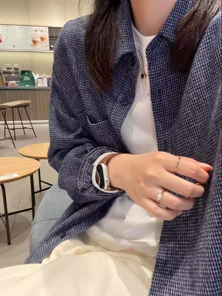 Women's Korean Blue Plaid Brushed Shirt - Loose Fit for Spring, Autumn, and Winter