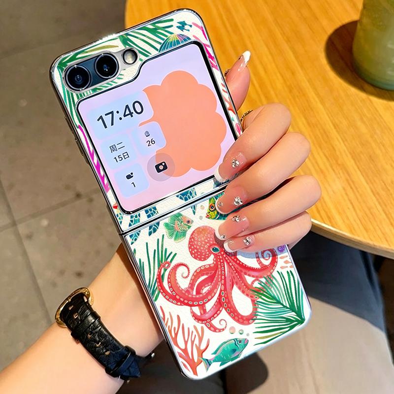 Sea Turtle Pattern PU Leather Phone Case For Samsung Galaxy Z Flip7 FE Flip6 Flip 7 6 5 5G Silver Plating Frame Hard Back Cover