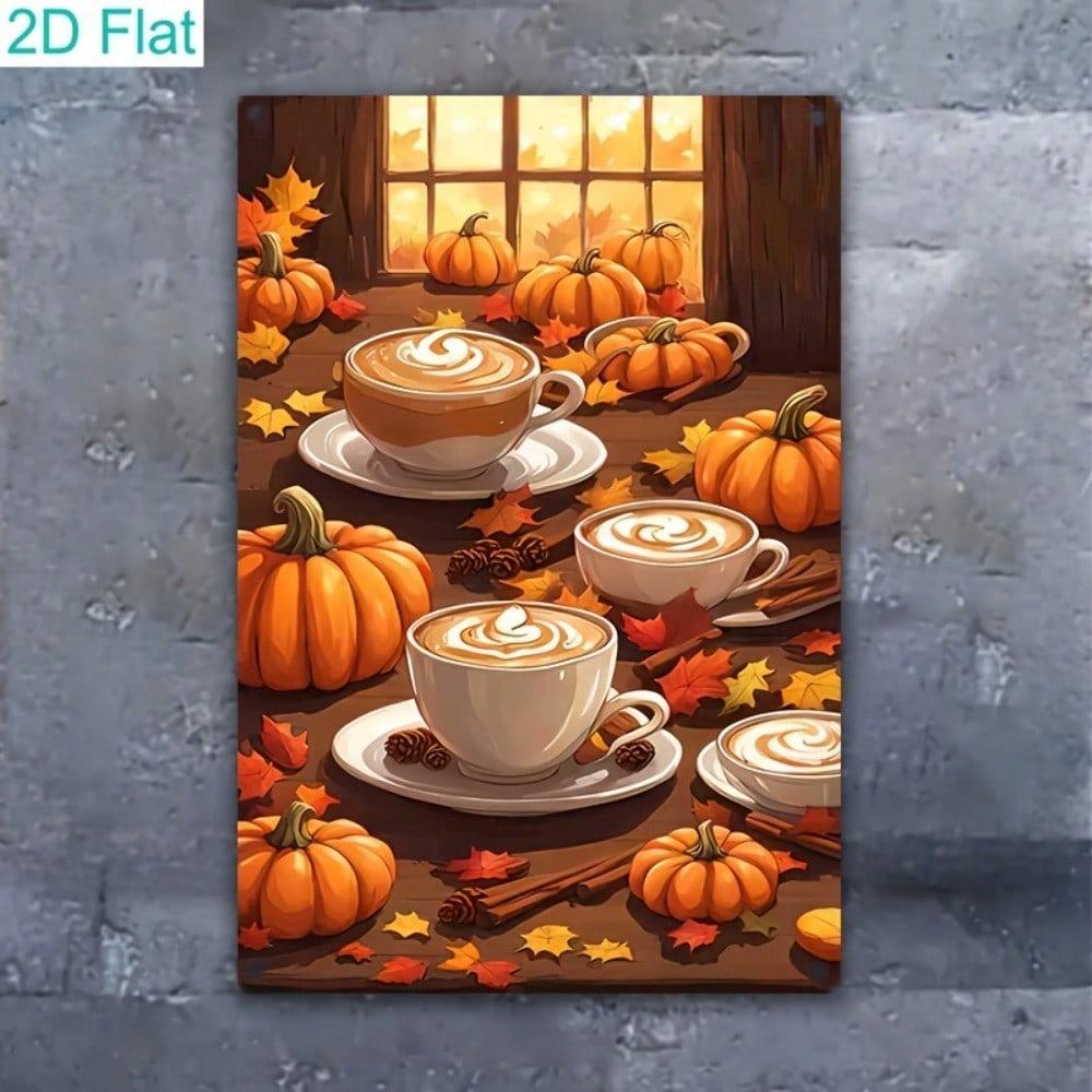 Retro Autumn Pumpkin Latte Tin Sign 8x12, Vintage Cafe Wall Art, Farmhouse Fall Kitchen Decor