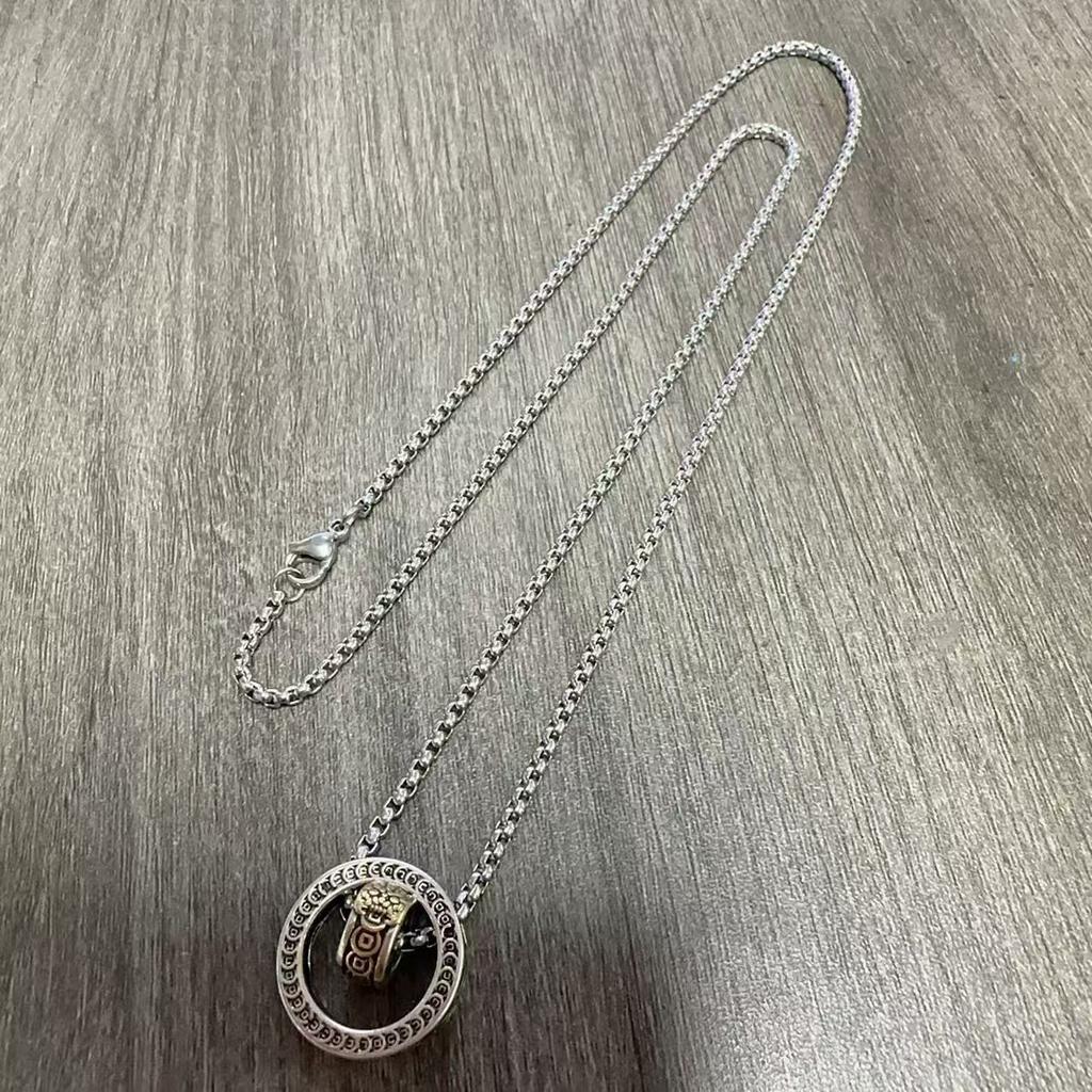 Pixiu Necklace Double Ring Necklace for Men, Trendy Vintage Pendant with Unique Design, Chinese Style Popular Versatile Pendant