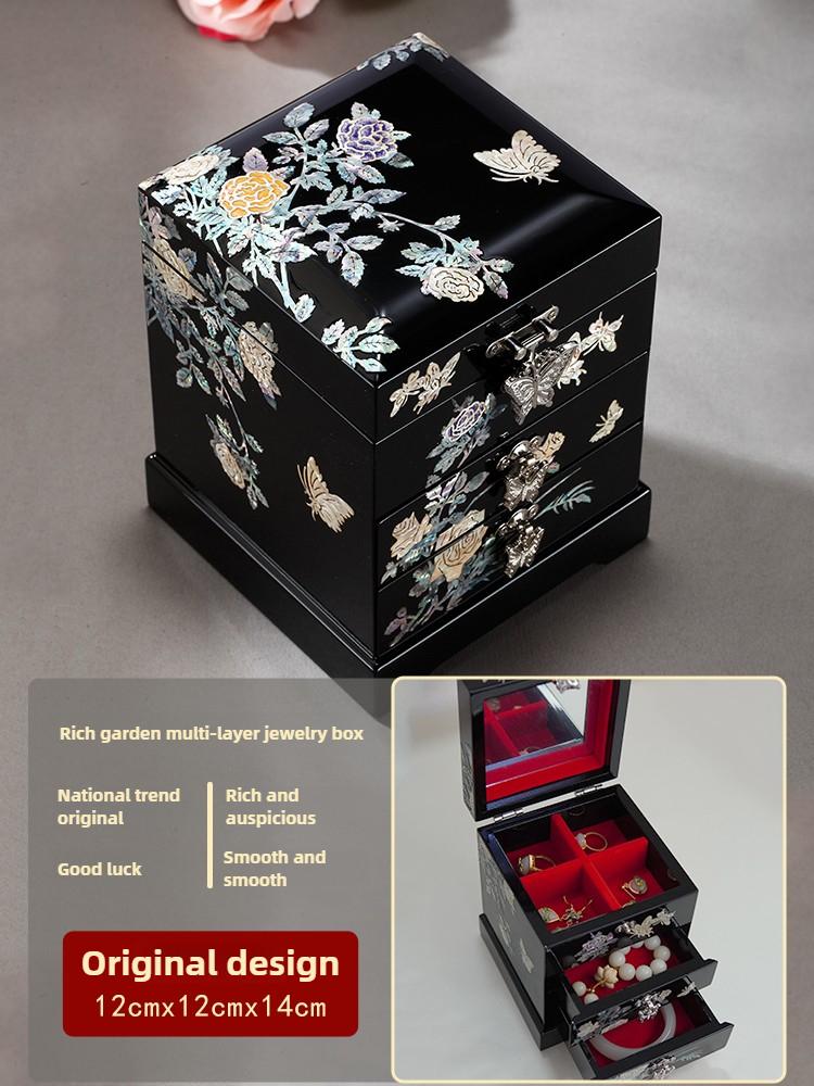 Lacquer Jewelry Box Mother of Pearl Inlay Wooden Multi Layer Chinese Style Wedding Gift