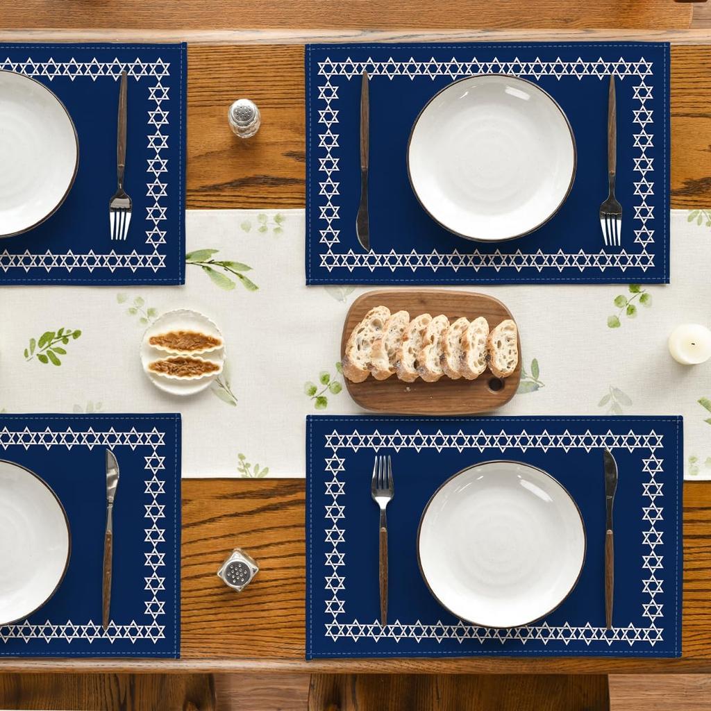 Artoid Mode Passover Hexagram Placemats Set of 4, 12x18 Inch Seasonal Star of David Je Chanukah Table Mats for Party Kitchen Dining Decoration