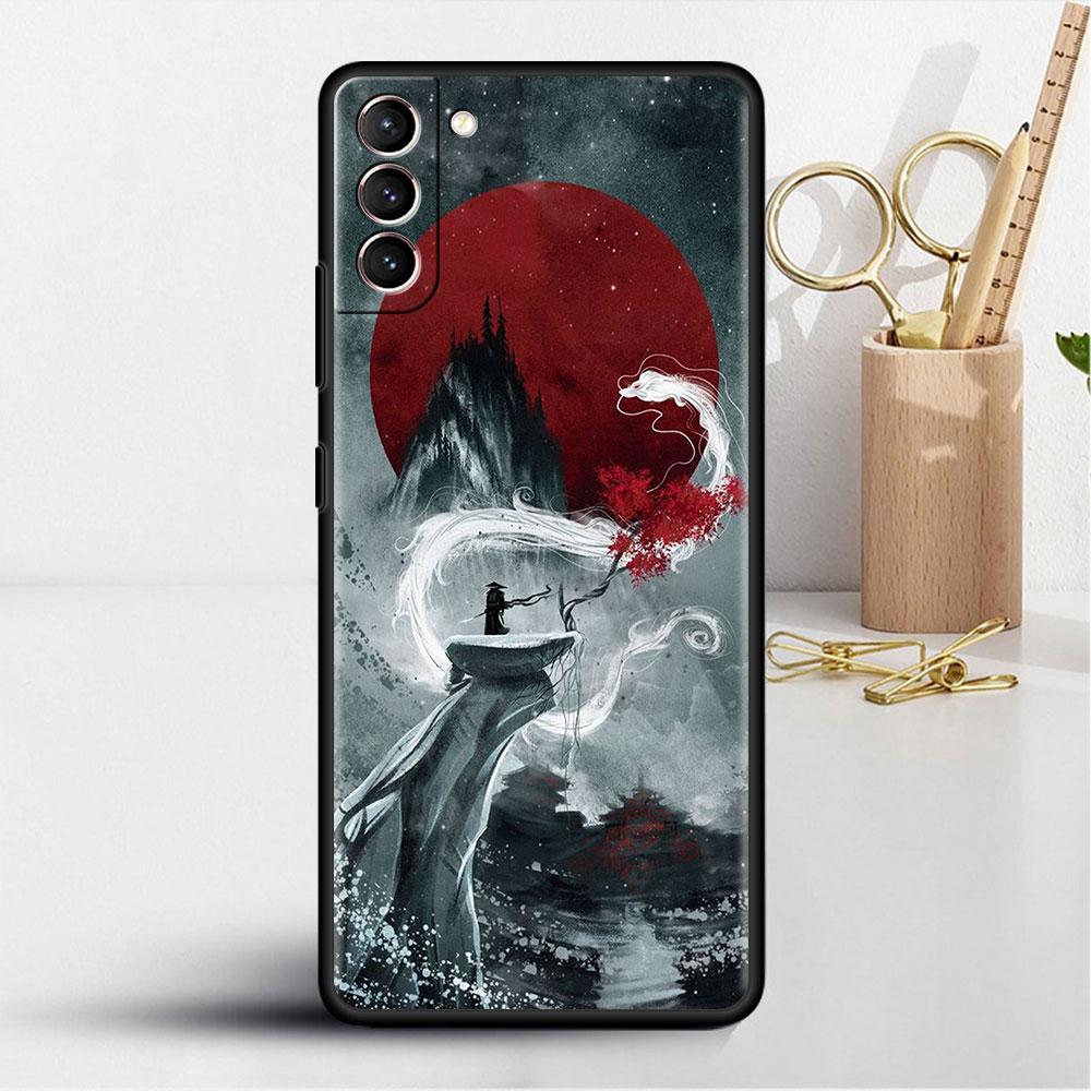 Case For Samsung Galaxy S20 S22 Ultra S21 FE S10 S9 Plus Note 20 10 Lite 9 Soft Phone Shell Landscape Ink Painting Samurai Art