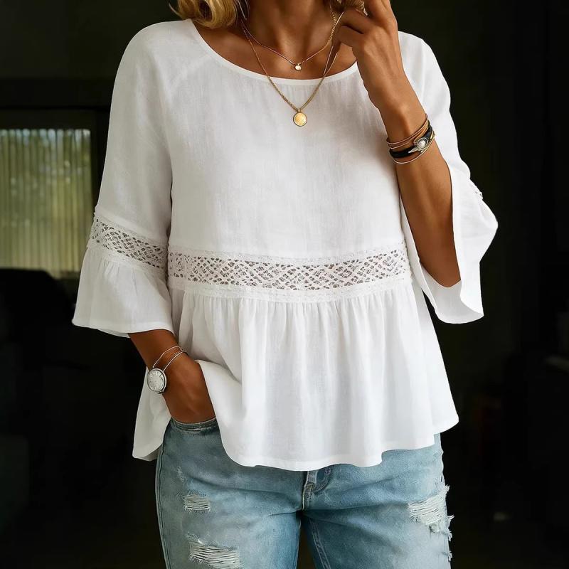 2026 Spring/Summer Fashion Women's Solid Color Round Neck Ruffle Sleeve Casual Top