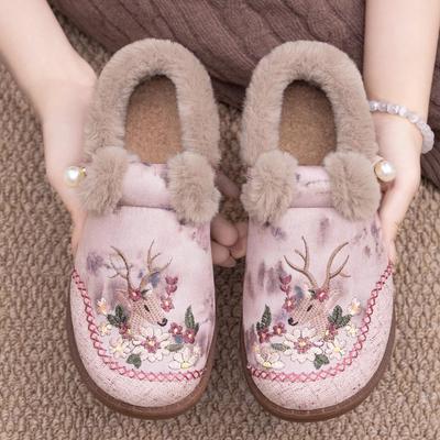 Women's Cotton Deer Embroidered Slip-On Ankle Boots - Velvet Lined, Thick Sole, Winter Shoes.