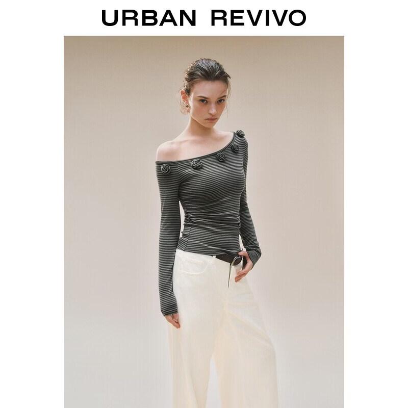 UR Women's Floral Striped Asymmetrical Neck Slim T-Shirt