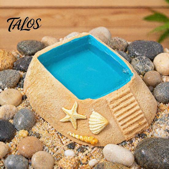 Aquarium Decor for Reptiles Beach Pool Hermit Crab Habitat Ornament with Climbing Ramp & Starfish Shell Reptile Water Basin Conch Decor, Decoration