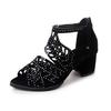 Women Summer Hollow Out Faux Leather Rhinestones Thick Heel Zipper Sandals Shoes