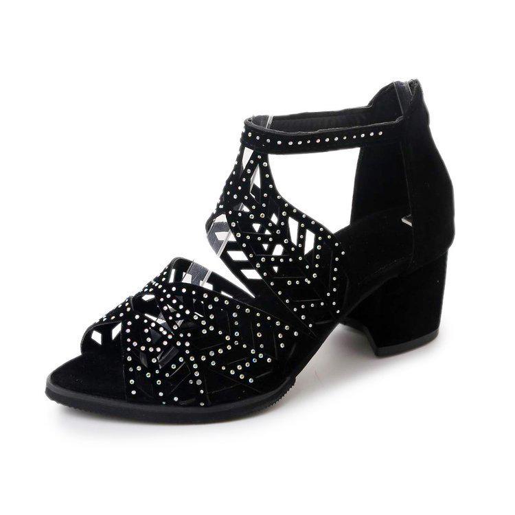 Women Summer Hollow Out Faux Leather Rhinestones Thick Heel Zipper Sandals Shoes