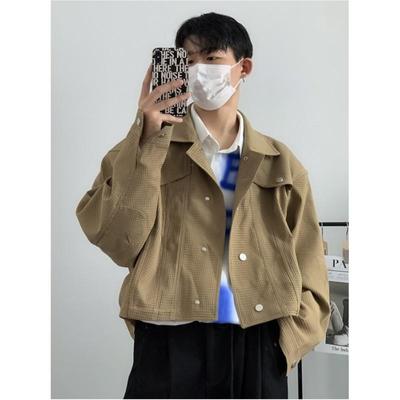 Men's Spring Solid Color Short Loose Jacket Long Sleeved Lapel Casual Jacket