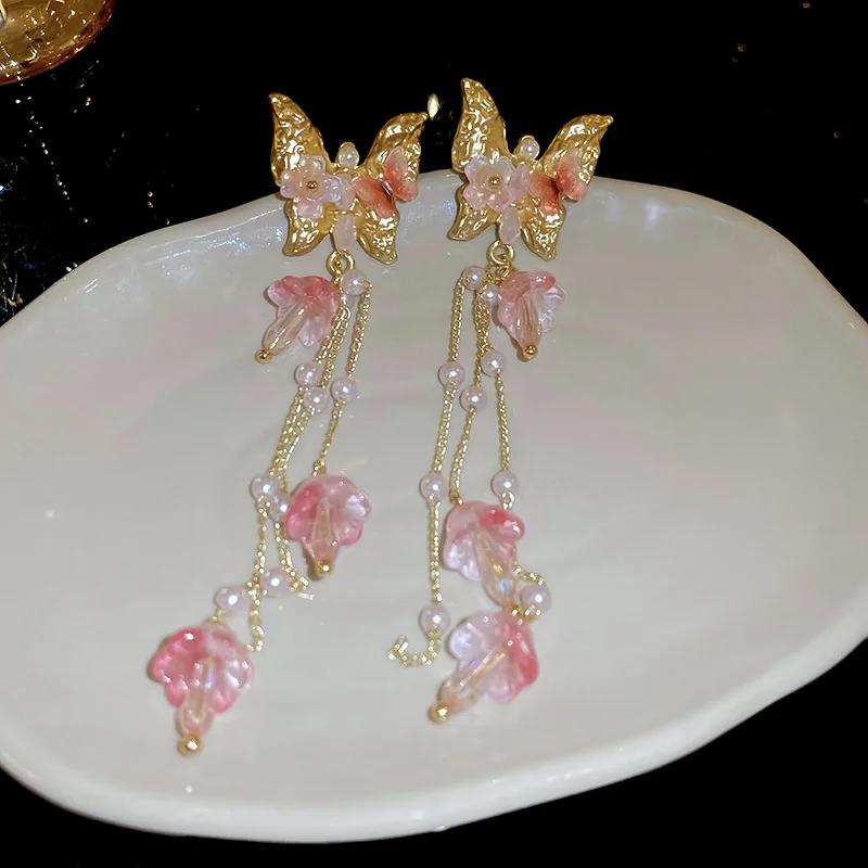 Butterfly Flower Crystal Tassel Earrings for Women Korea Sweety Long Drop Earring Fashion Temperament Luxury Designer Zircon