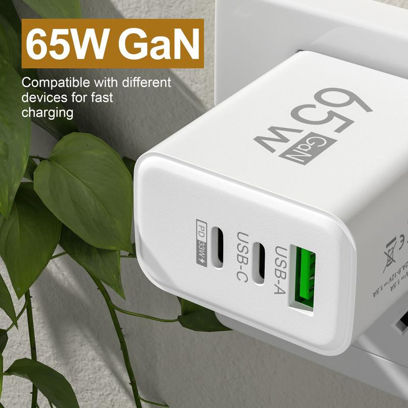 65W GaN Reise-Ladegerät EU-Stecker Dual USB C + USB A Port Schnelllade-Wandadapter Kompaktes Ladegerät für Telefon Laptop Tablet