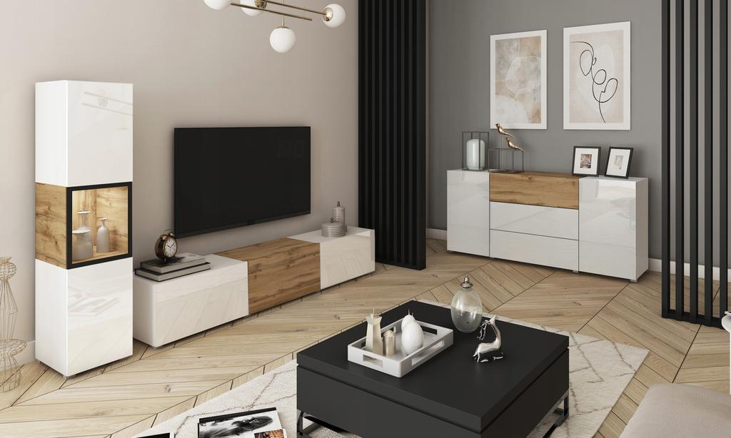 Moderne wandmeubel, 180 cm TV-meubel met een vitrinekast, woonkamermeubels met LED