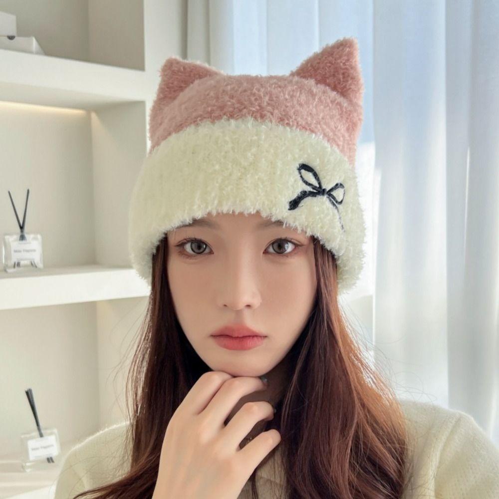 Bow Knitted Beanie Hat Keep Warm Winter Knitted Hat Fashion Cat Ears Hat  Streetwear