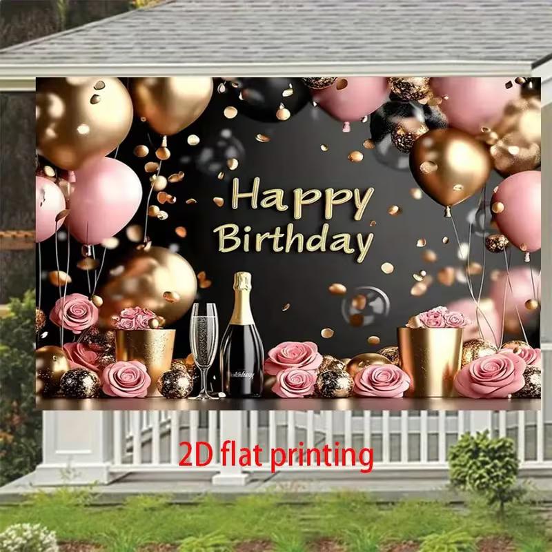 2D Printing Luxury Pink Gold Birthday Tapestry, Glitter Balloon Party Wall Decor