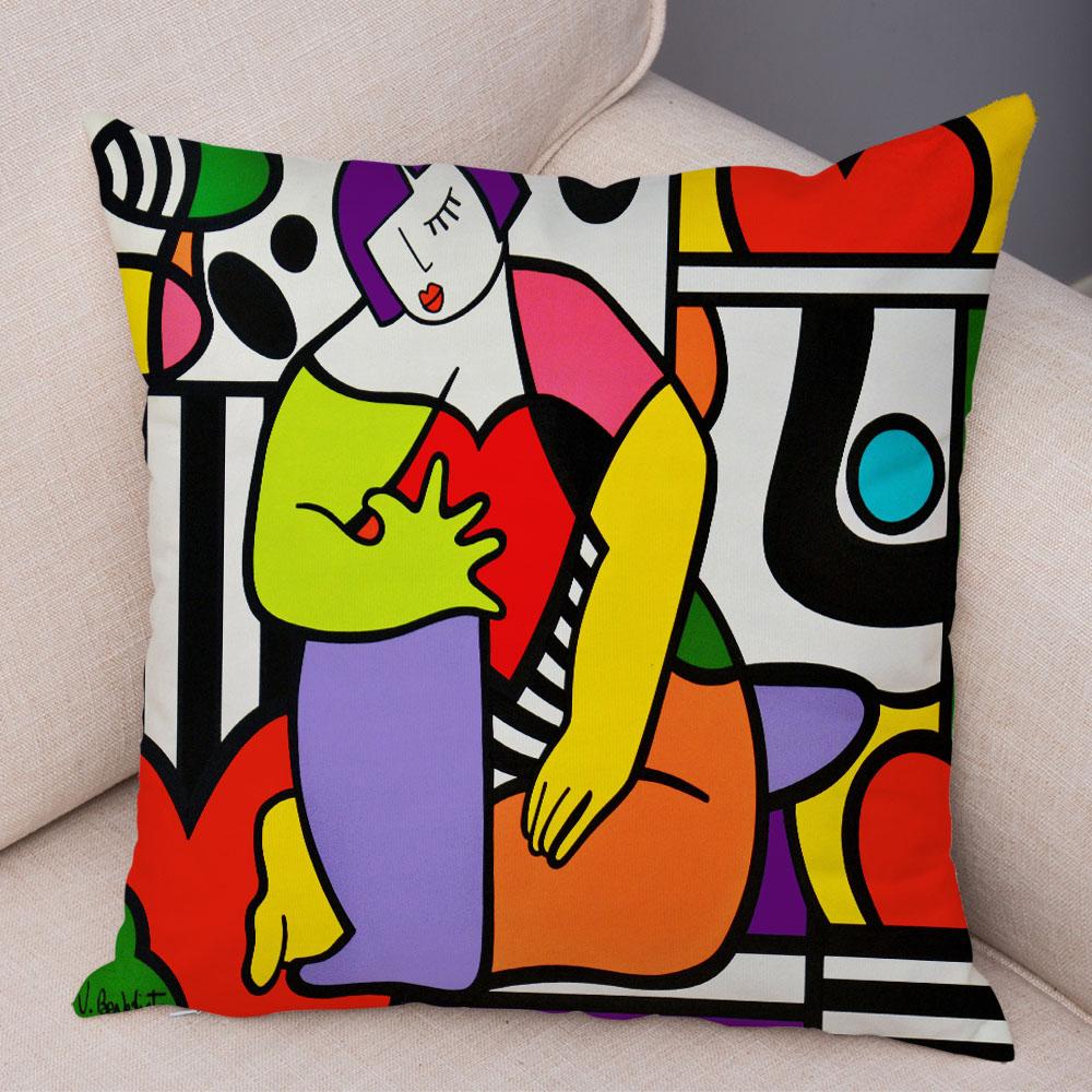 Geometric Cartoon Girl Colorful Abstract Art Drawing Pillowcase Sofa Cushion Cover Home Car Decor Home Decor