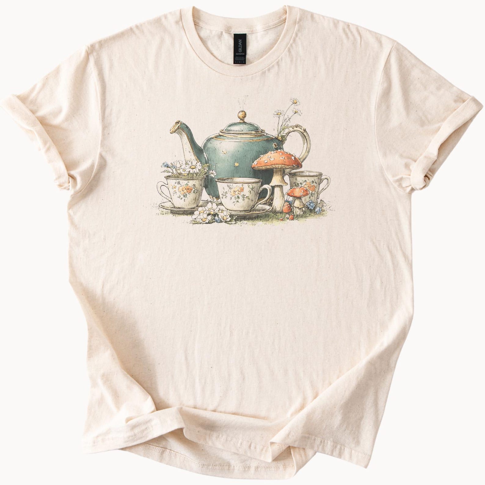 Botanical Teapot and Teacup Graphic T Shirt with Forest Mushrooms and Wildflowers Cottagecore Tea Party Aesthetic Tee Shirt 160