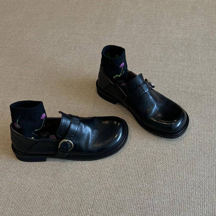 Sheepskin version~ genuine leather polished retro versatile small leather shoes women's British style single shoes belt buckle one pedal loafers