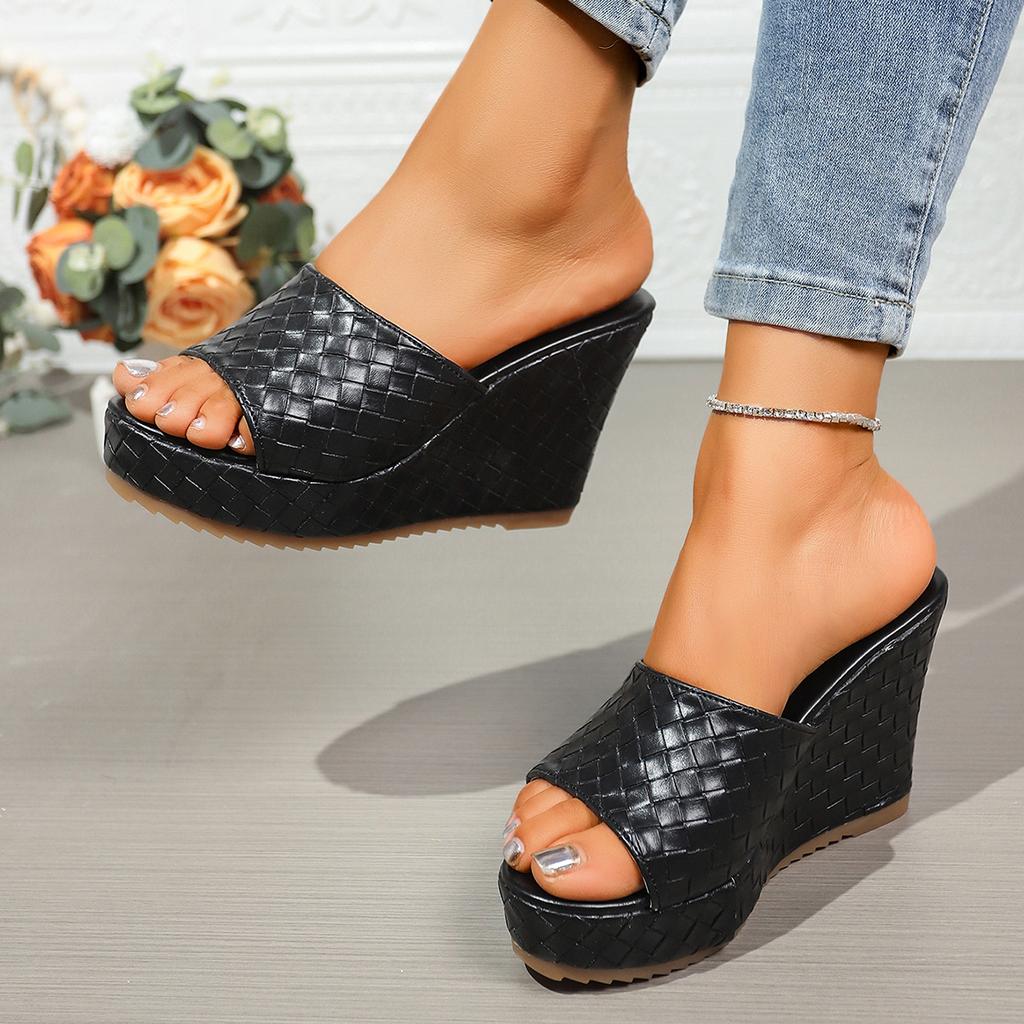 Sexy thick-soled women's cool slippers summer fish mouth wedge slippers woven pattern waterproof table square head outer wear slippers