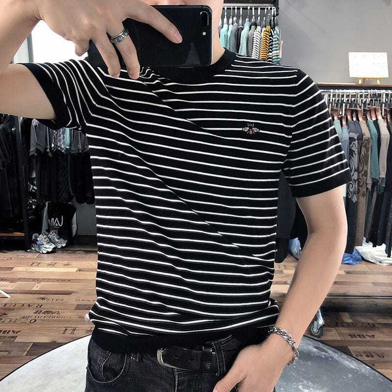 

Летний мужской полосатый вязаный свитер из ледяного шелка с вышивкой пчелы, повседневный, с коротким рукавом 2XL