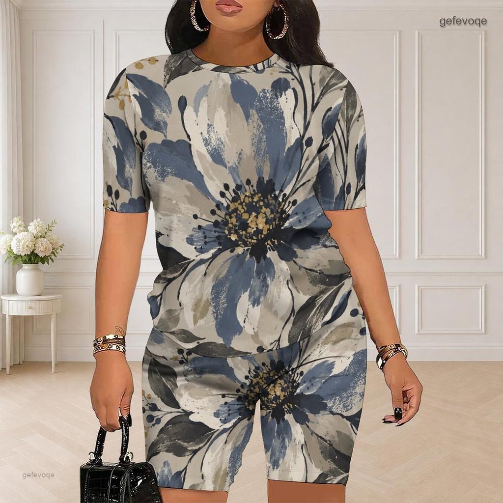 Women Plus Size White Floral Printed Round Neck Short Sleeve Top Fitted Shorts Two Piece Set
