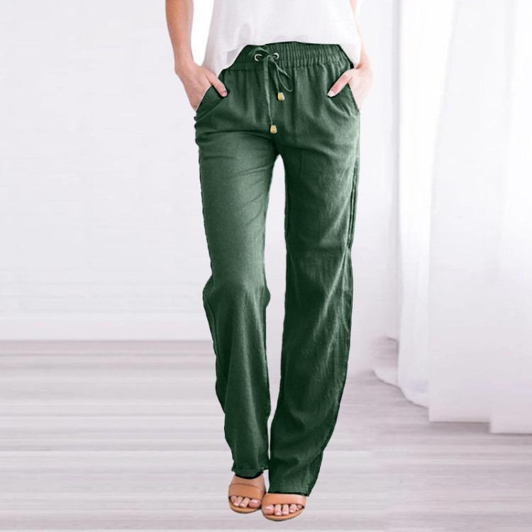 Women Wide Leg Trousers Loose Drawstring Casual Pants Solid Colour Cotton Linen Spring Summer