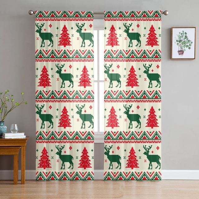 Christmas White Snow World Tulle Curtains For Living Room Decoration Modern Chiffon Sheer Voile Christmas Curtains