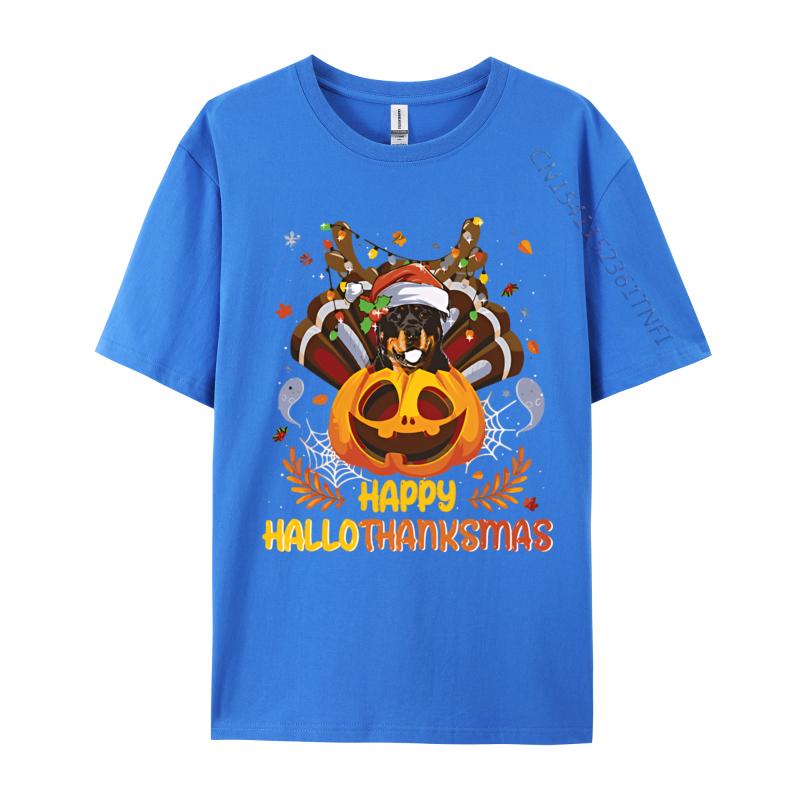 Rottweiler Happy Hallo Thanksmas Halloween Tshirt Vintage Cheerful Cotton Tshirts Blue And White Graphic T Shirts