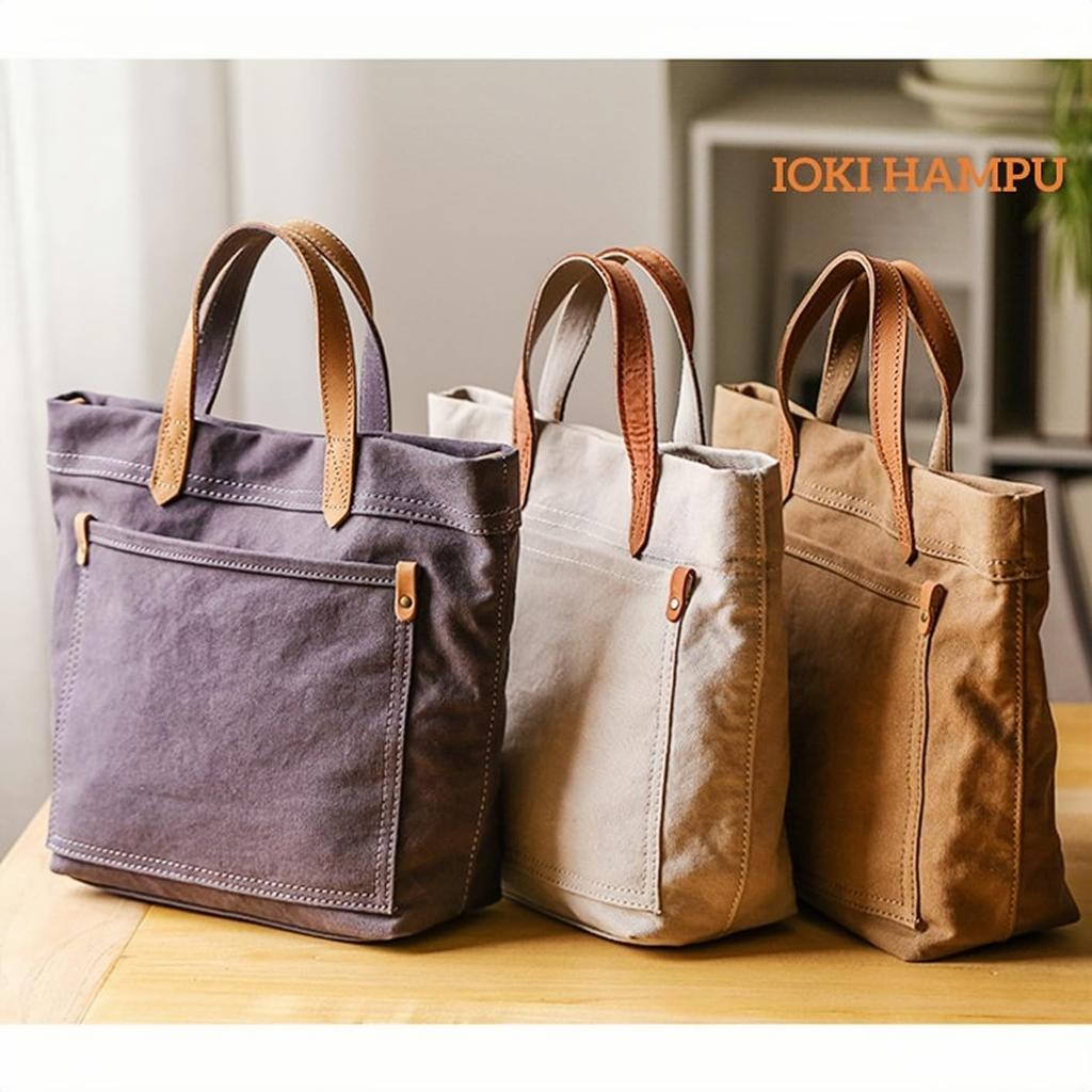 IOKI HAPU Canvas x Genuine Leather Tote Bag Lunch Bag Shoulder Bag Water Repellent Canvas 2-Way (White)