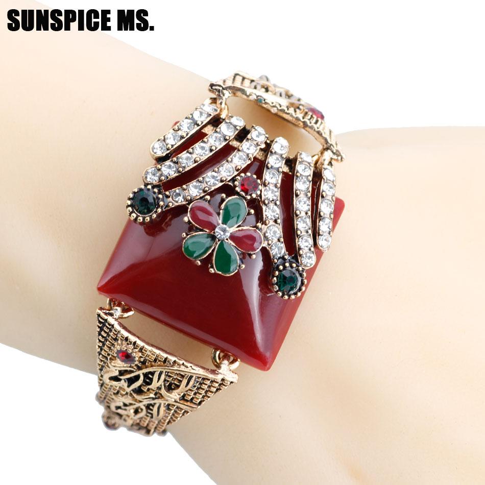 Prachtige Turkse Rode Hars Retro Armband Vintage Manchet Armband voor Vrouwen Antiek Gouden Kleur Boho Bruiloft Sieraden Lente Opening