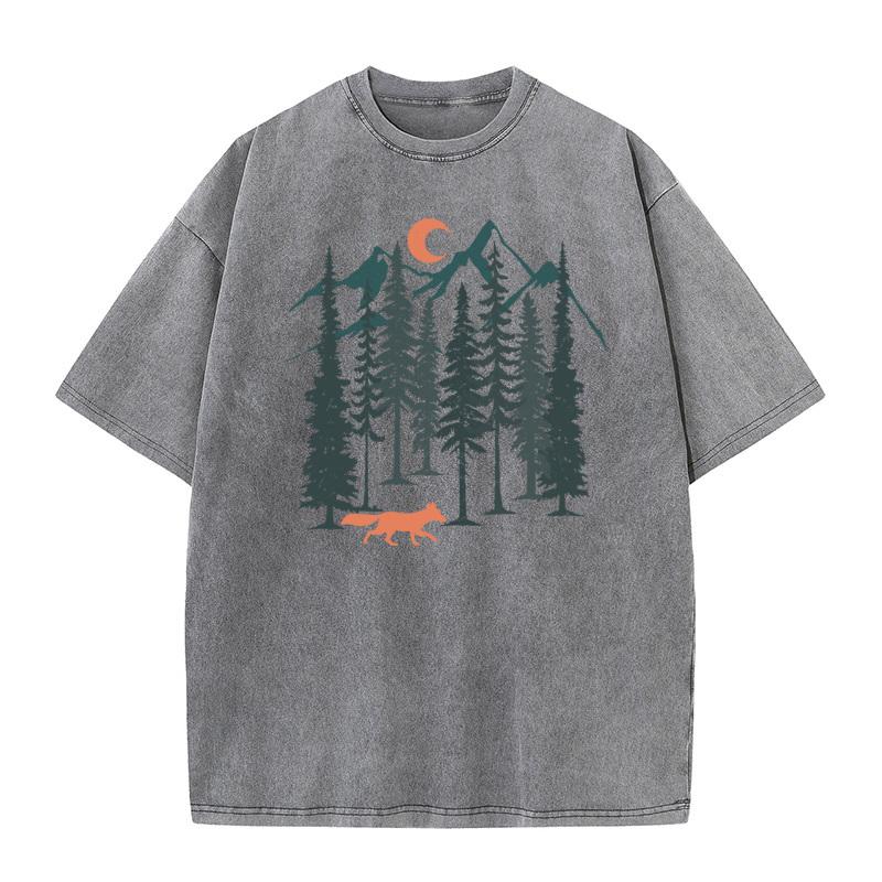 Classic Fox Forest Outdoor Style Hip Hop Washed Retro T Shirts Crew Neck Pure Cotton Female Tees Washed T Shirt Summer