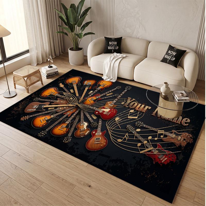 Music Guitar Theme Soft Crystal Velvet Rug Custom Name & Text Print Non Slip Floor Rug for Bedroom Living Room