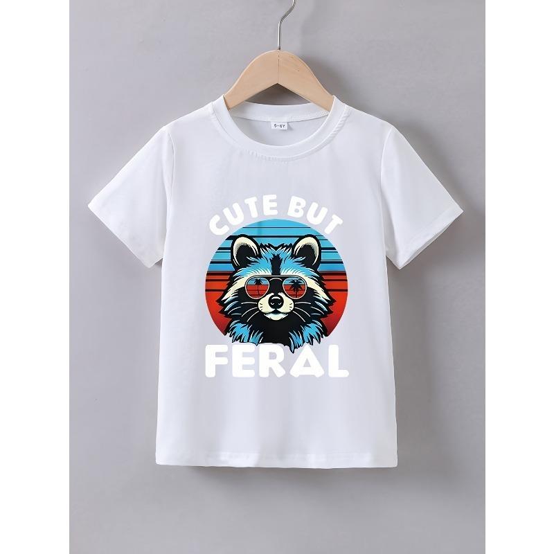 European sizes Boys' Summer Short Sleeve "Cute But Feral" Raccoon Graphic T-Shirt - Casual Round Neck Tee with Colorful Raccoon & Letter Print