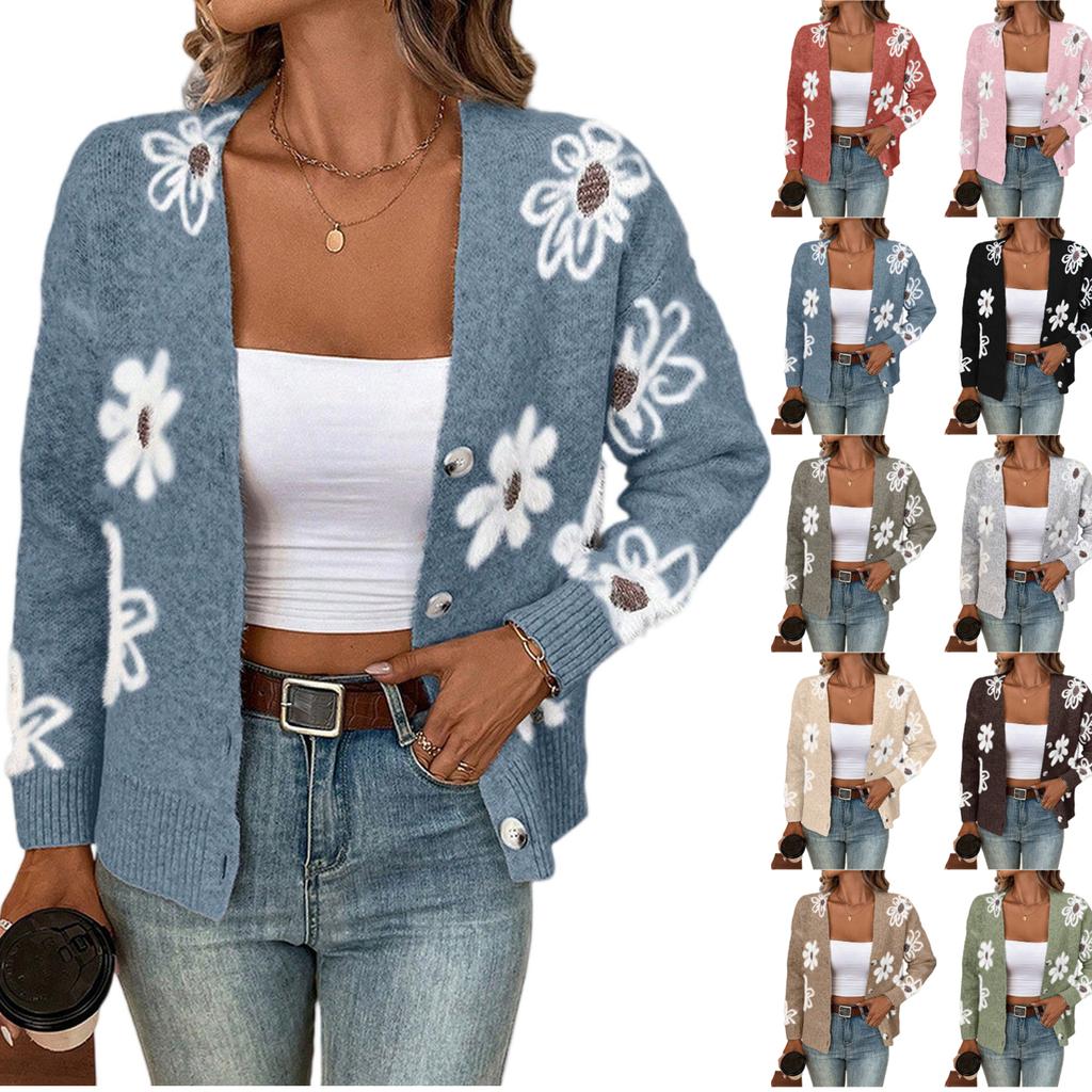 Women's New Autum And Winter Flower Pattern Button Front Cardigan Sweater Coat
