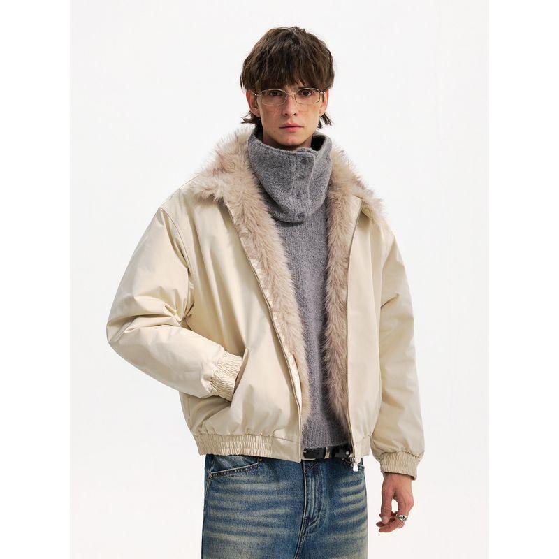 Blaexit Faux Rabbit Fur Collar Green Harrington Jacket Men's Thickened Winter Cotton Short Coat