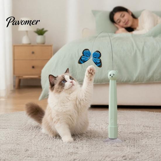 Electric Butterfly Cat Toy Wand, Rechargeable Interactive Wand Toy, 360 Spinning Self-Play Indoor Pet Enrichment Supplies with 2 Modes, Suction