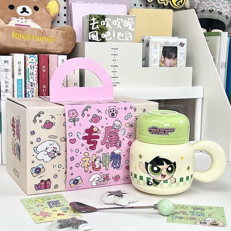 Ceramiczny kubek Powerpuff Girls z pokrywką na prezenty urodzinowe dla dziewczynek, praktyczne pamiątki, wysokiej jakości kubki do picia
