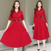 Women's Spring Solid Color Polo Neck Dress - Waist-Cinched, Elegant Style, Plus Size, Long Sleeve, Mid-Length, A-line Skirt.