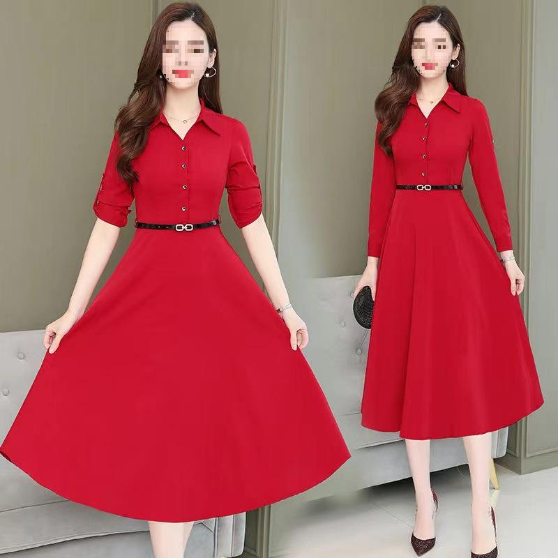 Women's Spring Solid Color Polo Neck Dress - Waist-Cinched, Elegant Style, Plus Size, Long Sleeve, Mid-Length, A-line Skirt.