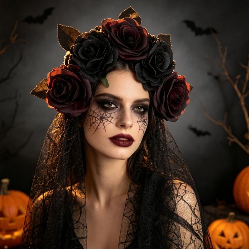 Rose Lace Headband for Women, Gothic Costume Headpiece for Halloween Parties, Cosplay Styling, Stage and Photo Looks