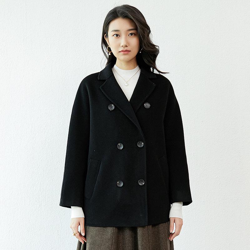 Women's Double-Breasted Wool Coat with Suit Collar - Korean Loose Slimming Style