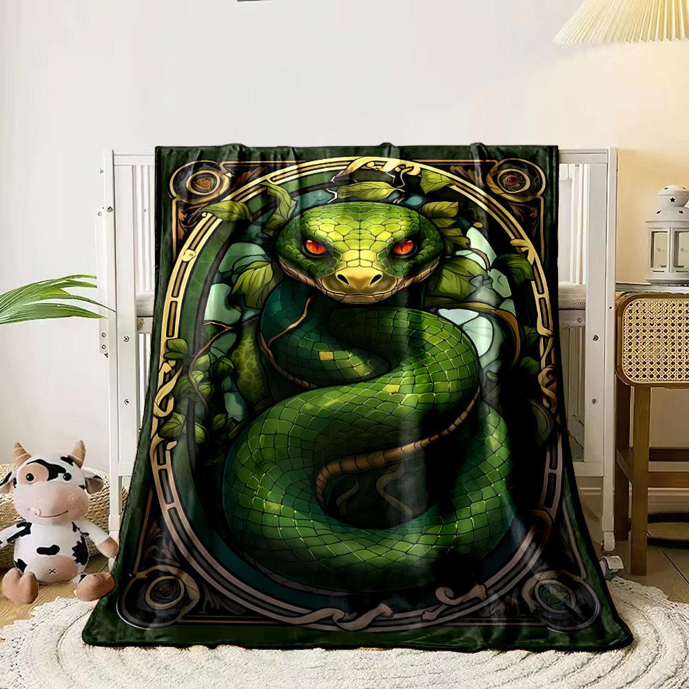 Art Nouveau Style Green Coiled Snake Blanket Bedroom Blanket for Livingroom Couch Lunch Break Soft Throw for Friend's Festival Gift