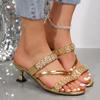 Fashion Luxury Gold Crystal High Heels Women Sandals Slip On Plus Size Dress Shoes Summer Woman Kitten Heel Gladiator Sandalias Mujer