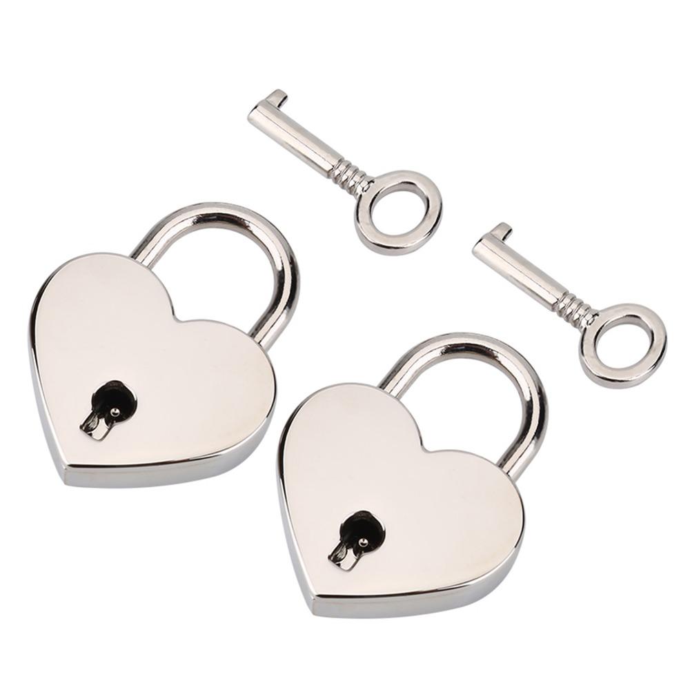 2PCS Silver Heart Shaped Padlock Heart Metal Construction Metal Padlock Small Size With Key Mini Padlock Luggage Lock